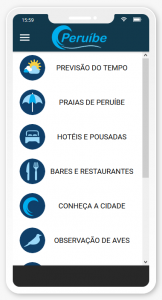 Layout do Visite Peruíbe App mostrando funcionalidades.