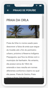 Layout do aplicativo mostrando texto sobre a Praia da Orla.